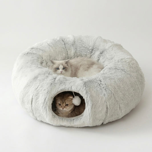 Plush Cat Tunnel Bed – Dual Purpose with Peephole & Machine Washable Cushion