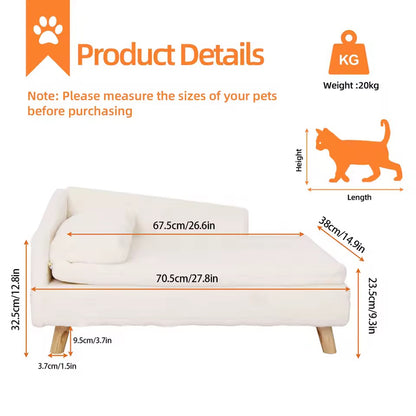 Elevated Pet Sofa Bed – L-Shape Chaise with Cushion, Pillow & Rubber Wood Legs