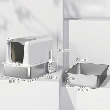 Covered Cat Litter Box – Stainless Steel Tray, Front Flap & Integrated Scoop