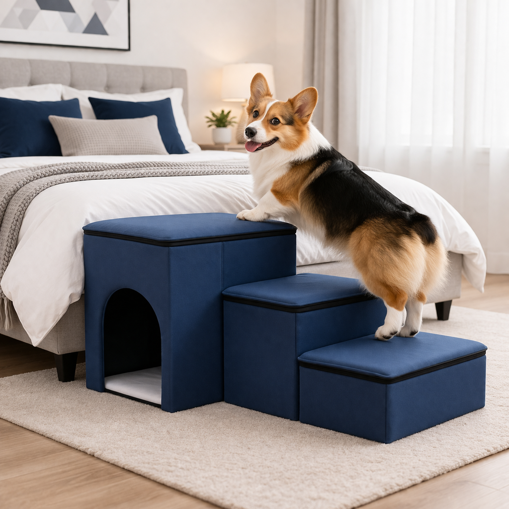 Foldable Dog Stairs | Eco-Friendly Steps with Internal Storage for Easy Access to High Beds 2