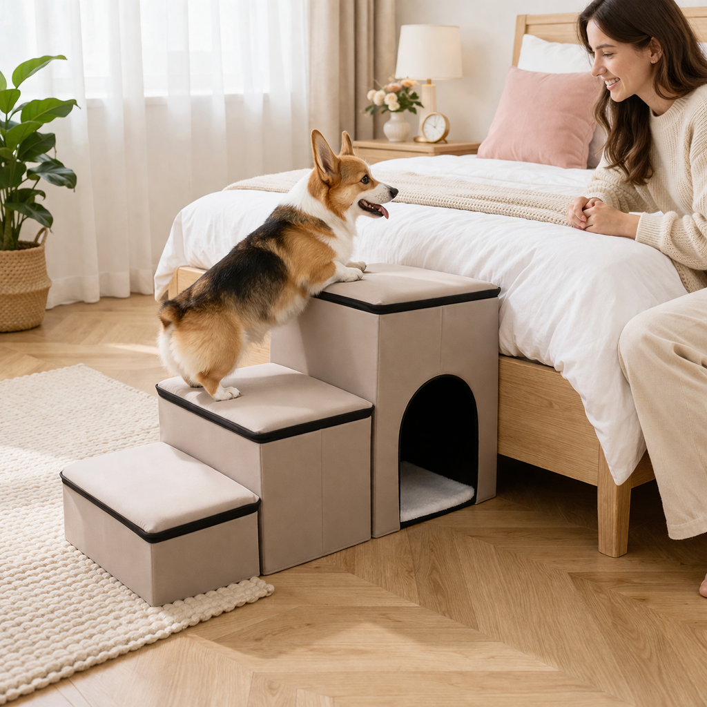 Foldable Dog Stairs | Eco-Friendly Steps with Internal Storage for Easy Access to High Beds 3
