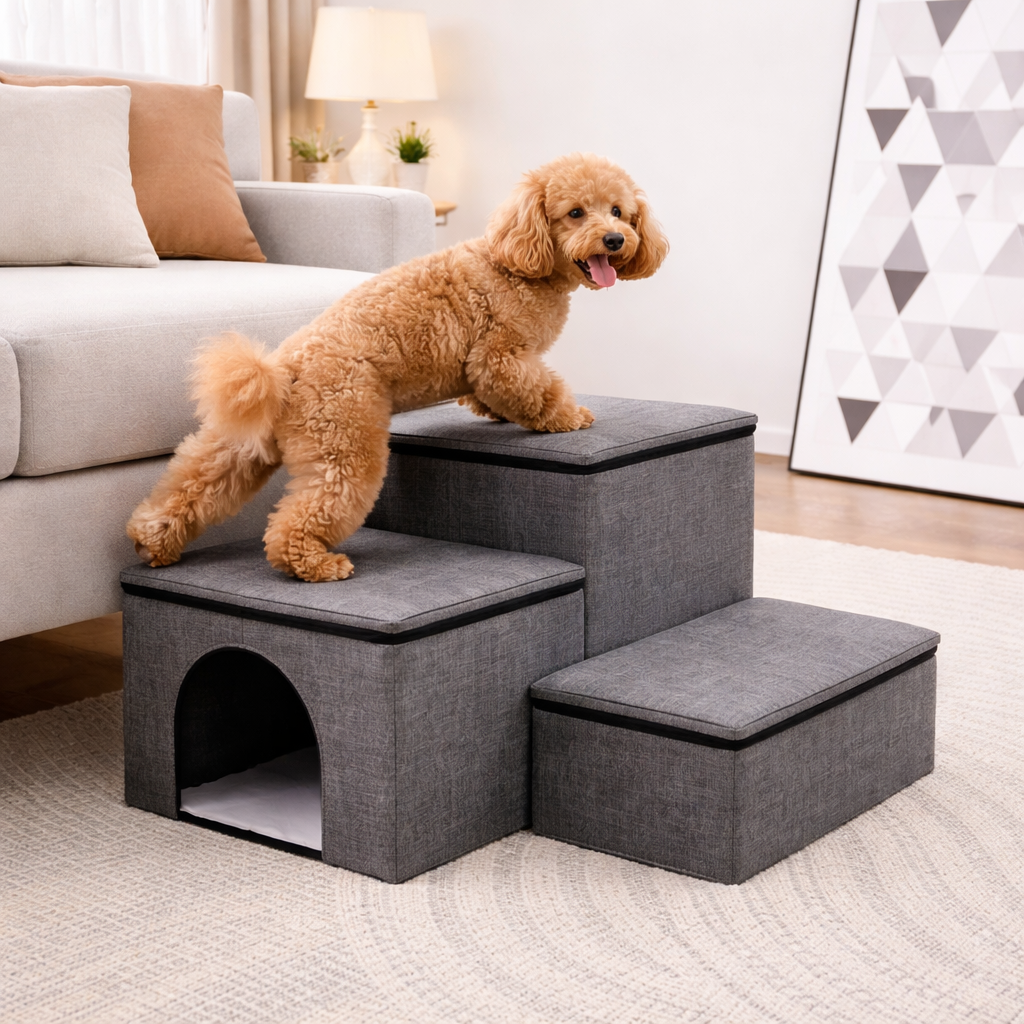 Foldable Dog Stairs | Eco-Friendly Steps with Internal Storage for Easy Access to High Beds 5