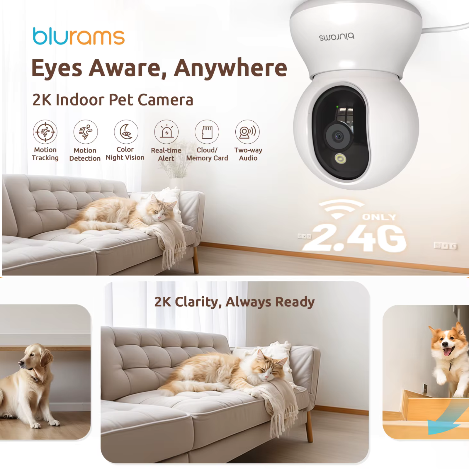 Smart Pet Camera | 360° Indoor Dog & Cat Camera with 2K Resolution | Two-Way Audio for Interactive Pet Monitoring 1